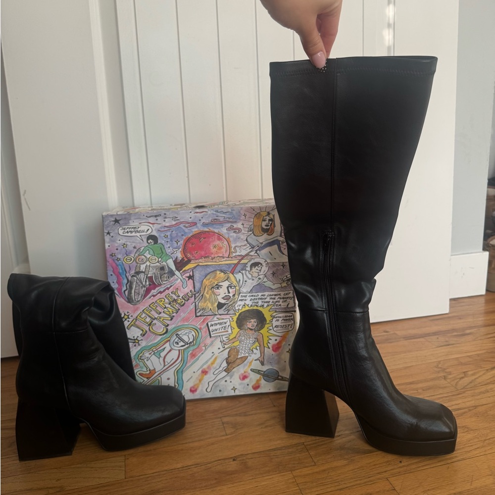 Jeffrey Campbell “Dauphin”  Black Leather Block Heel Boots size8 - Picture 5 of 5
